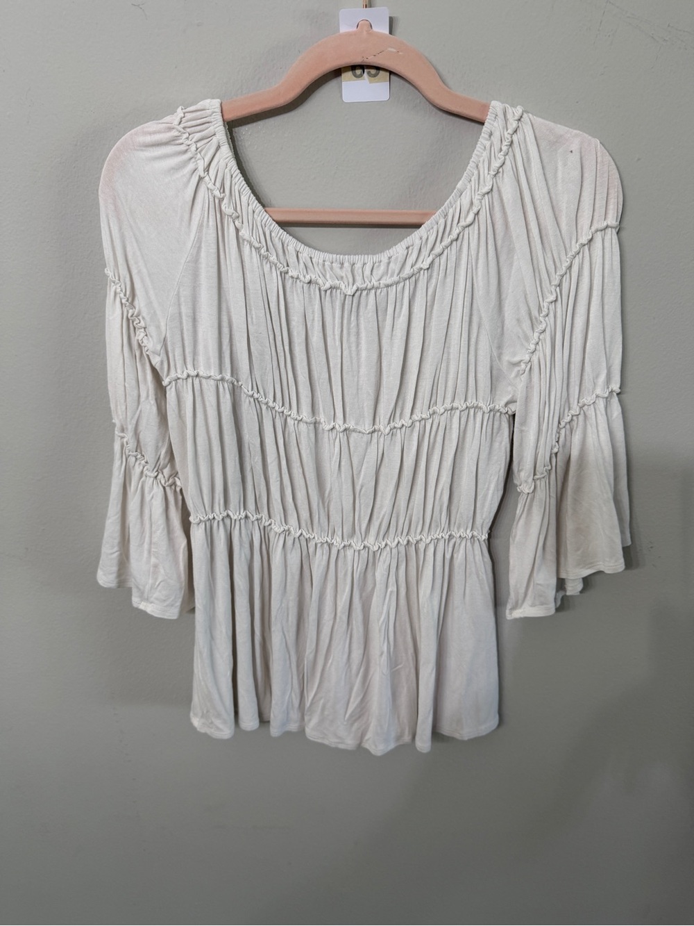 Women’s Max Studio Medium White Ruched Peasant Top Bell Sleeve Boho